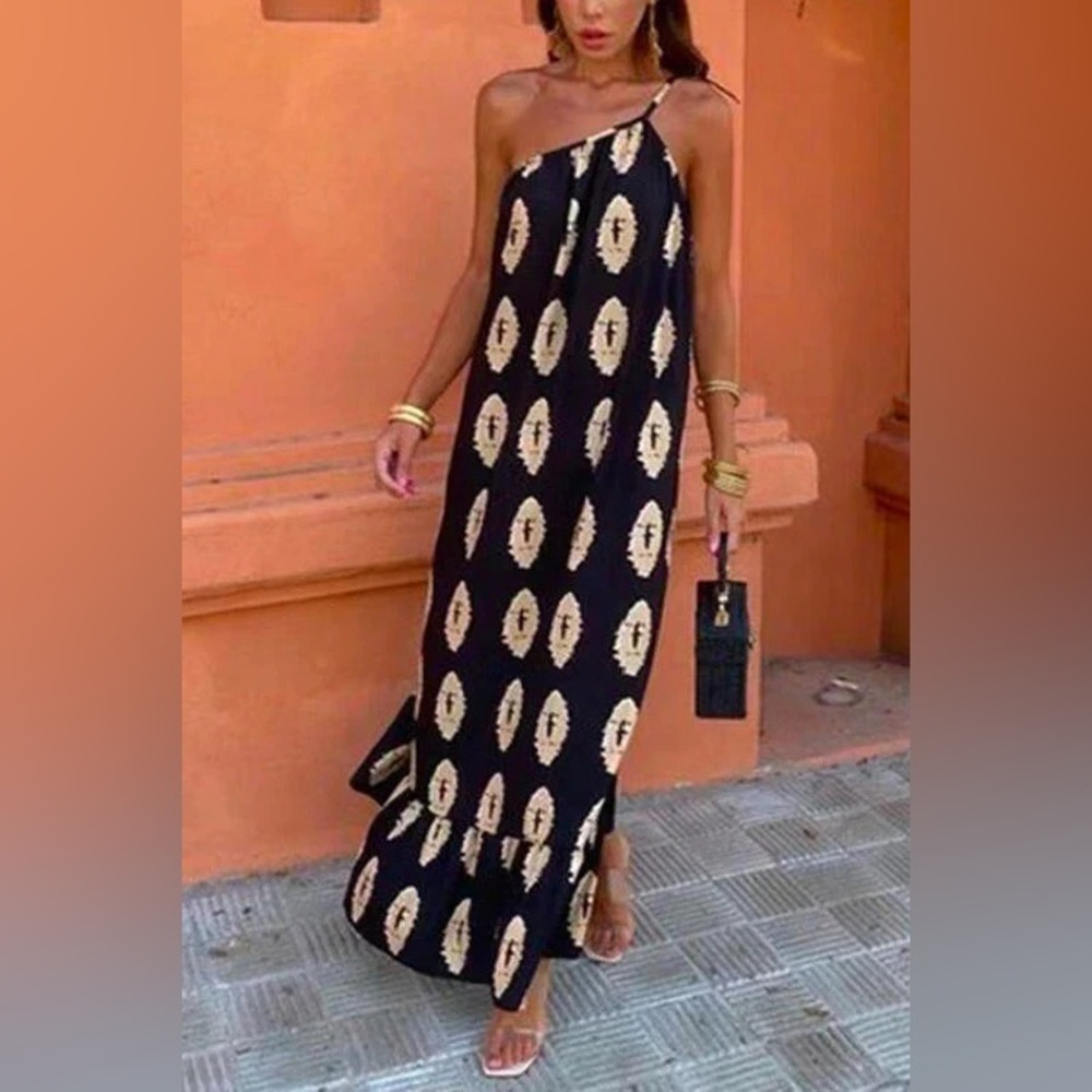 Margovil Tie Knot One Shoulder Boho Printed Maxi Vacation Dress ×